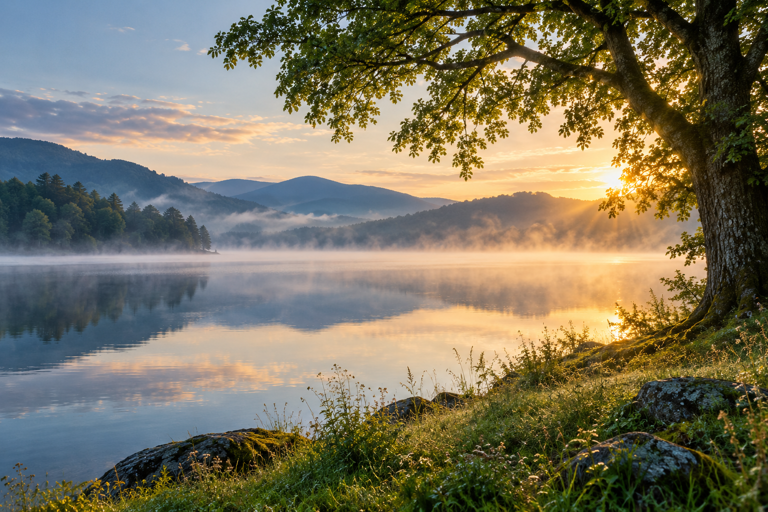 Morning light across a quiet lake, beneath a tree